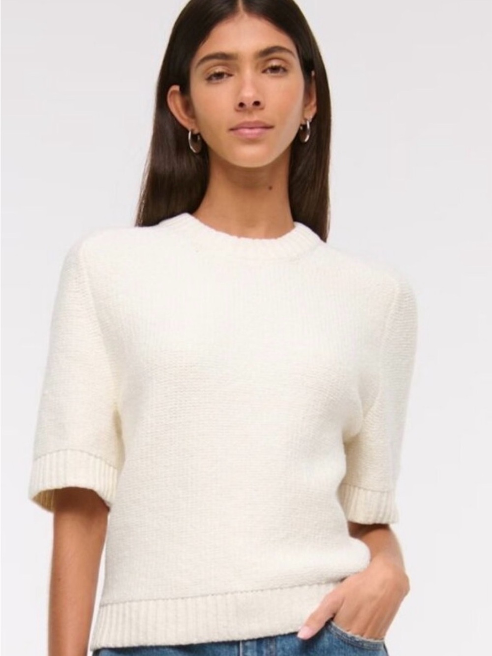 Abercrombie & Fitch Cream Short-Sleeve Crew Sweater